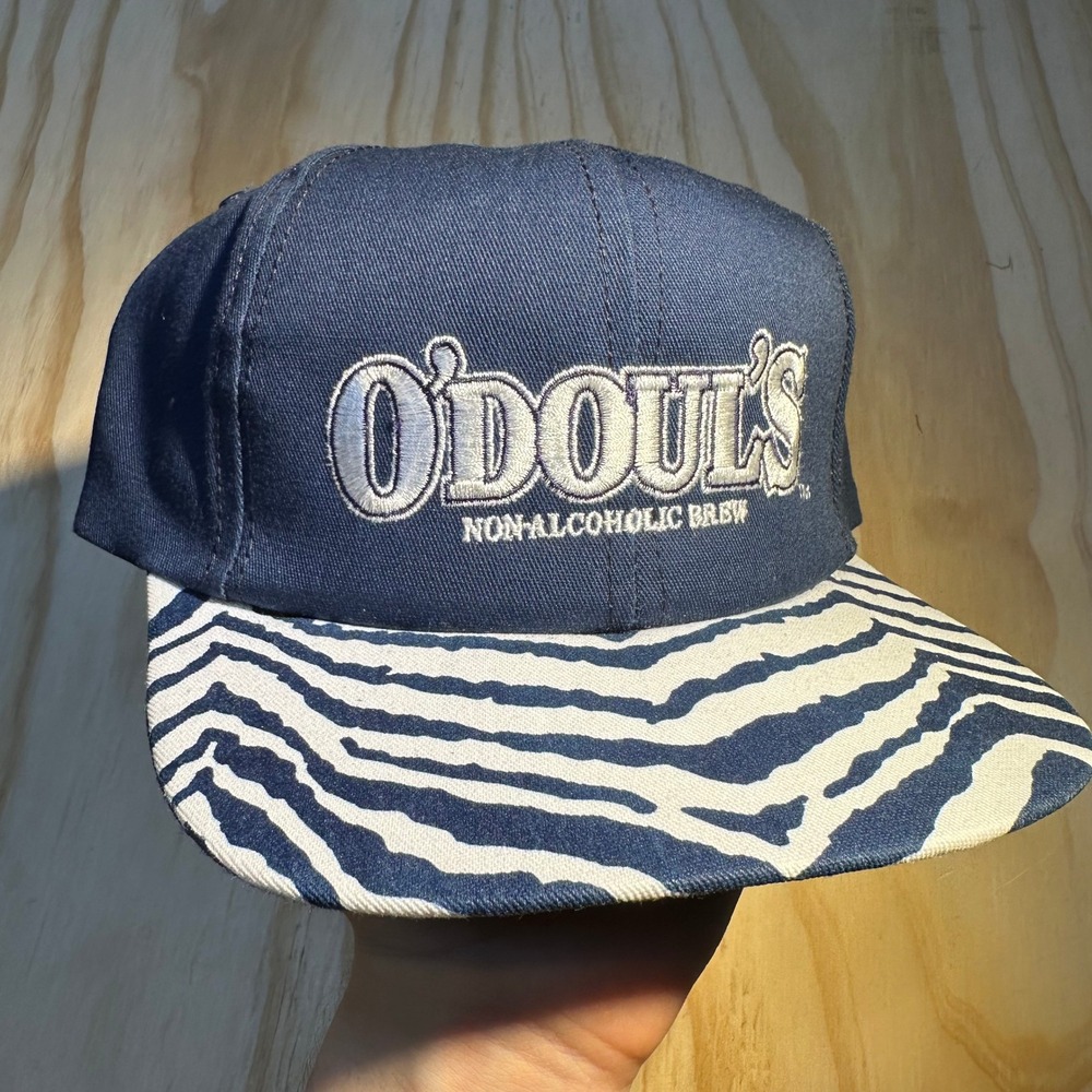 Vintage O'Douls Non-Alcoholic Beer Hat Navy Blue Zebra Print Snapback USA Made